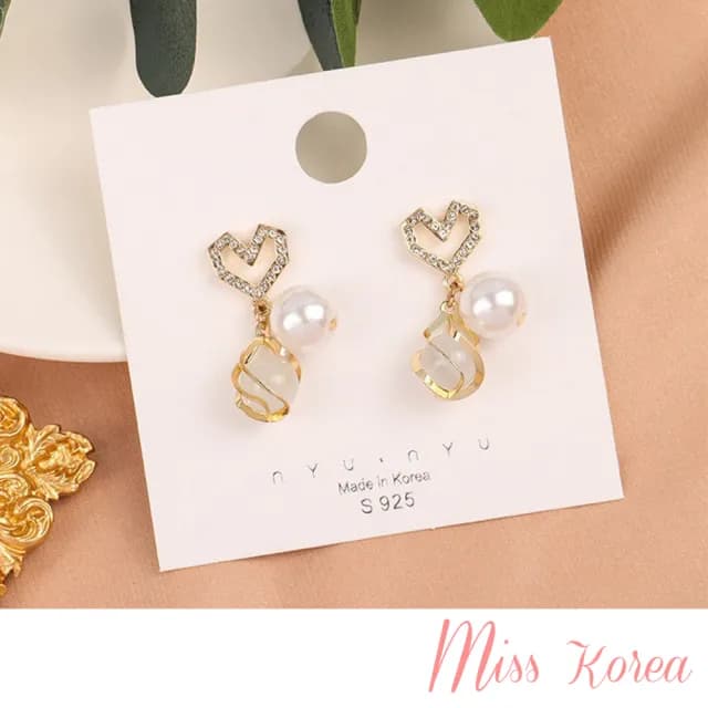 【MISS KOREA】韓國設計微鑲美鑽愛心圓珠氣質珍珠夾式耳環(無耳洞耳環 耳夾 夾式耳環 美鑽耳環 珍珠耳環)