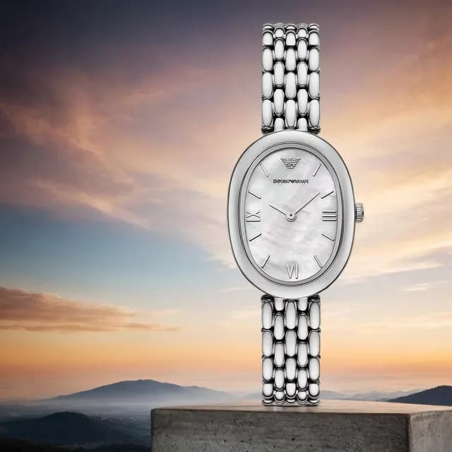 【EMPORIO ARMANI】亞曼尼 白鹿配戴款 橢圓珍珠貝雙針女錶-26x34mm 禮物 送禮 推薦(AR11706)