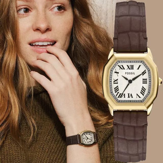 【FOSSIL】Harlow 復古八角大三針女錶 手錶-金x咖啡/27mm 禮物 送禮 推薦(ES5426)