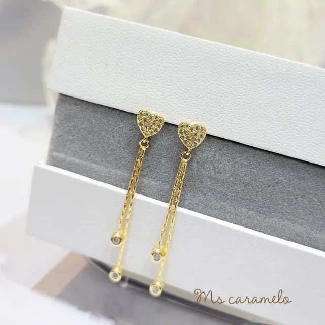 【Ms caramelo 焦糖小姐】925純銀鍍K黃 愛心流蘇耳環(鋯石耳環)