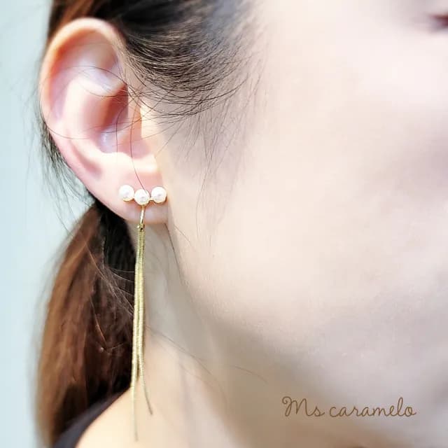 【Ms caramelo 焦糖小姐】夾式耳環K黃 貝珠流蘇耳環(鋯石耳環)