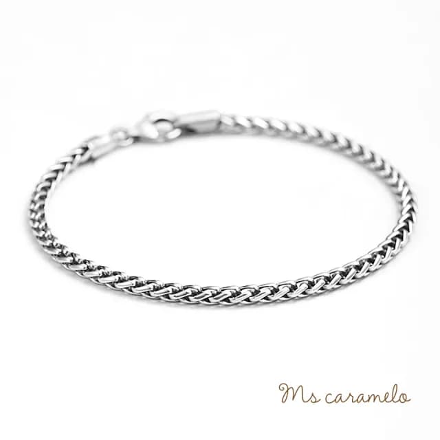 【Ms caramelo 焦糖小姐】925純銀鍍K白手鍊 男款 編織立體手鍊(銀手鍊)