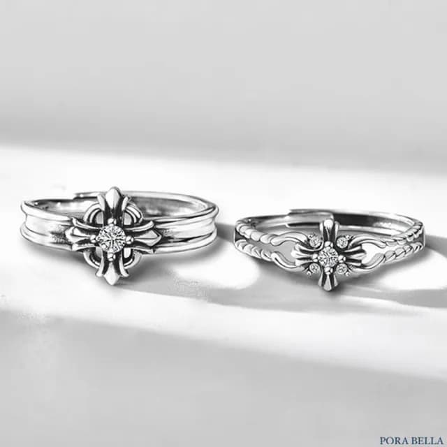 【Porabella】S925純銀 十字架鋯石情侶對戒｜復古十字架戒指 做舊對戒 告白 紀念 情人節禮物推薦 rings