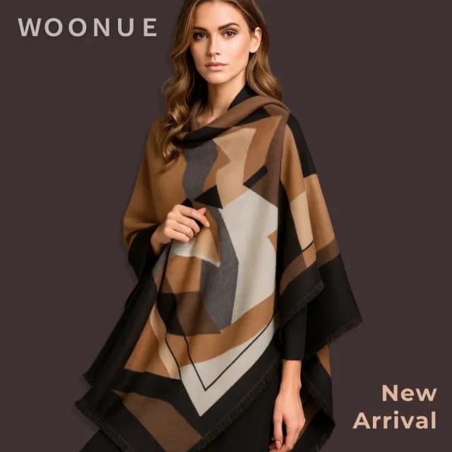 【WOONUE】時尚女士歐美專櫃秋冬柔軟針織親膚保暖幾何寬版斗篷圍巾冷氣披肩(閨蜜女友老婆媽媽情人生日禮物)