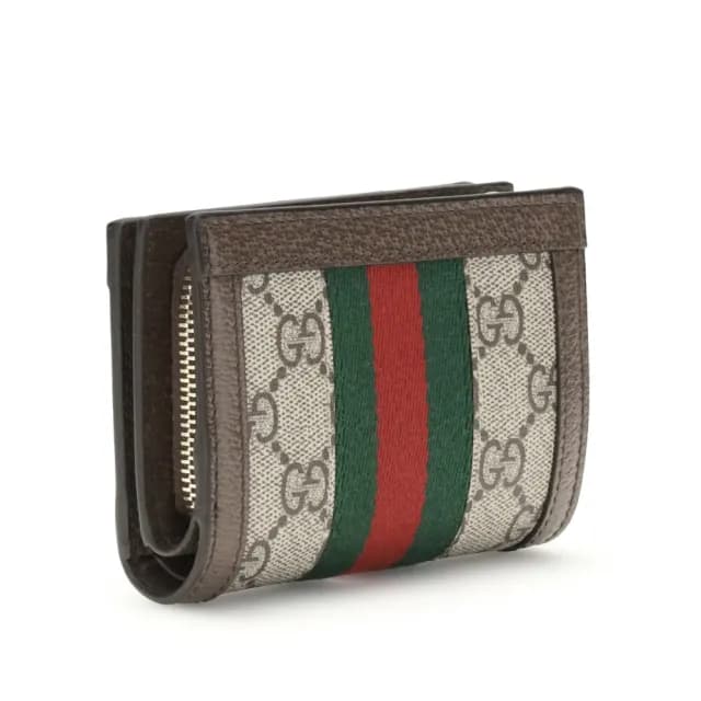 【GUCCI 古馳】Ophidia Small GG 帆布 牛皮 卡夾 皮夾 零錢包 短夾 米色 烏木色 813296
