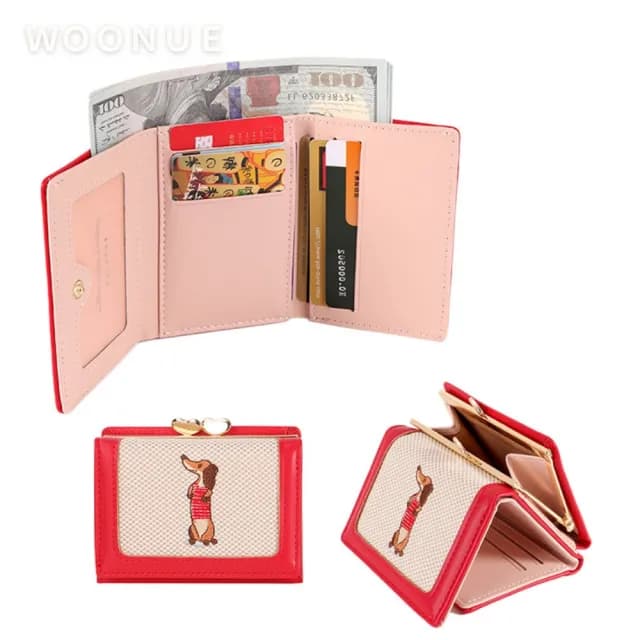 【WOONUE】氣質款臘腸狗折疊短皮夾多功能名片卡夾口金零錢包(情人老婆聖誕女兒母親生日節禮物)
