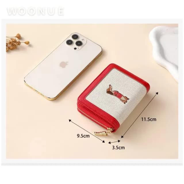 【WOONUE】氣質款臘腸狗布繡折疊短皮夾多功能名片卡夾零錢包(情人老婆聖誕女兒母親生日節禮物)