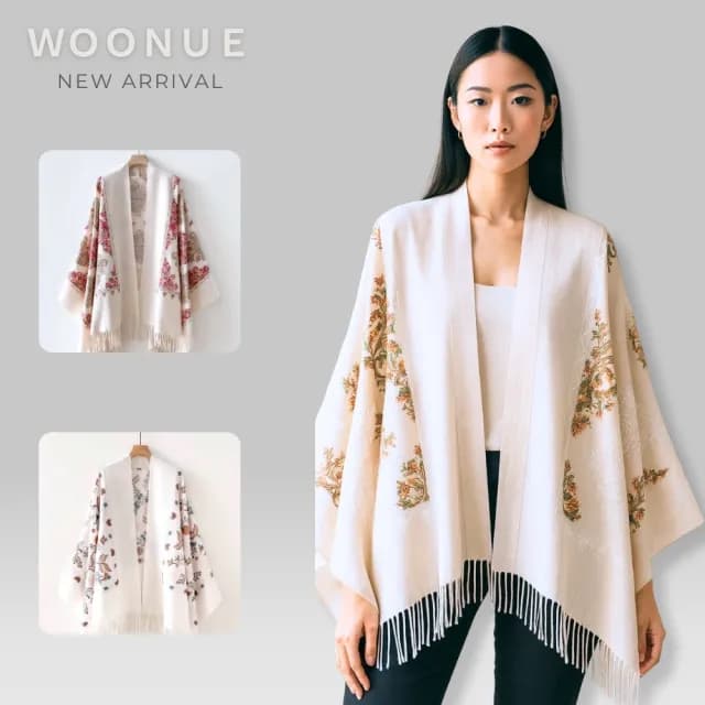 【WOONUE】新款專櫃立體刺繡柔軟羊毛絨質感親膚寬版時尚斗篷圍巾冷氣披肩(女友老婆媽媽情人生日聖誕禮物)