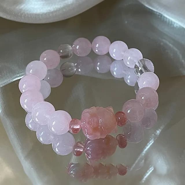 【MoonDy】雙11 粉水晶狐狸手鍊 九尾狐串珠手串 天然瑪瑙 白水晶 飾品 水晶手飾 圓珠手鍊