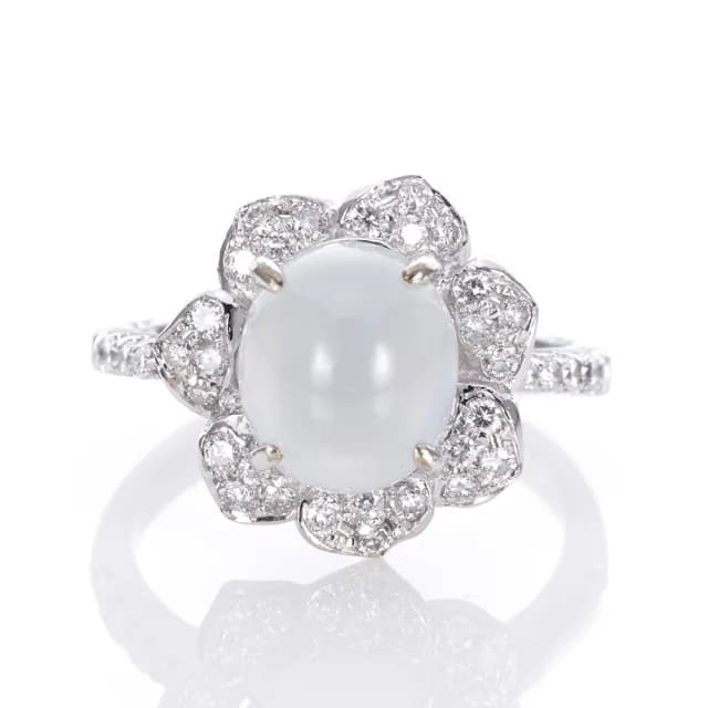 【DOLLY】14K金 緬甸冰玻種白翡鑽石戒指-005(母親節 交換禮物 長輩送禮首選)