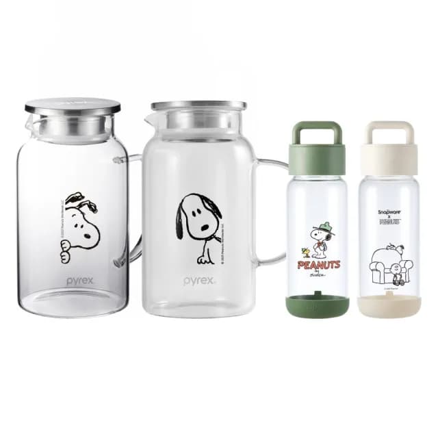 【CorelleBrands 康寧餐具】SNOOPY 黑白復刻耐熱玻璃壺+提把隨行玻璃杯710ml