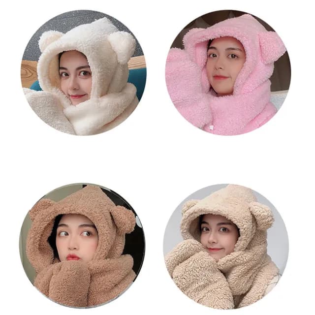 【小熊圍巾+手套】超級保暖 可愛 熊寶寶 長板 可插手 披肩(連帽 DIY  加厚 絨毛 泰迪熊 圍脖 帽)