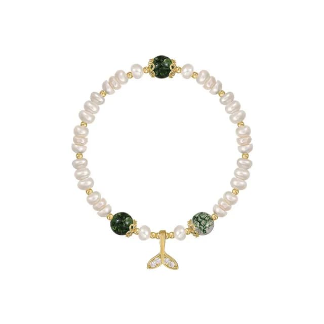 【伊飾童話】水鑽魚尾 綠髮晶不規則淡水珍珠伸縮手鍊