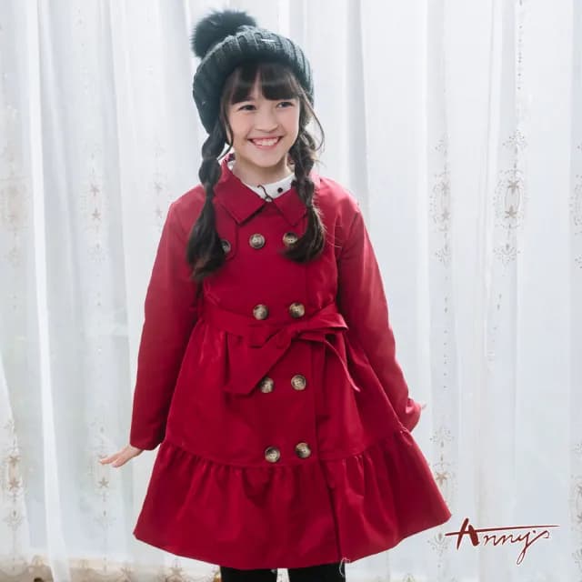 【ANNY’S 安妮公主】童裝 氣質排釦綁帶造型秋冬款傘擺風衣外套(3298紅色)