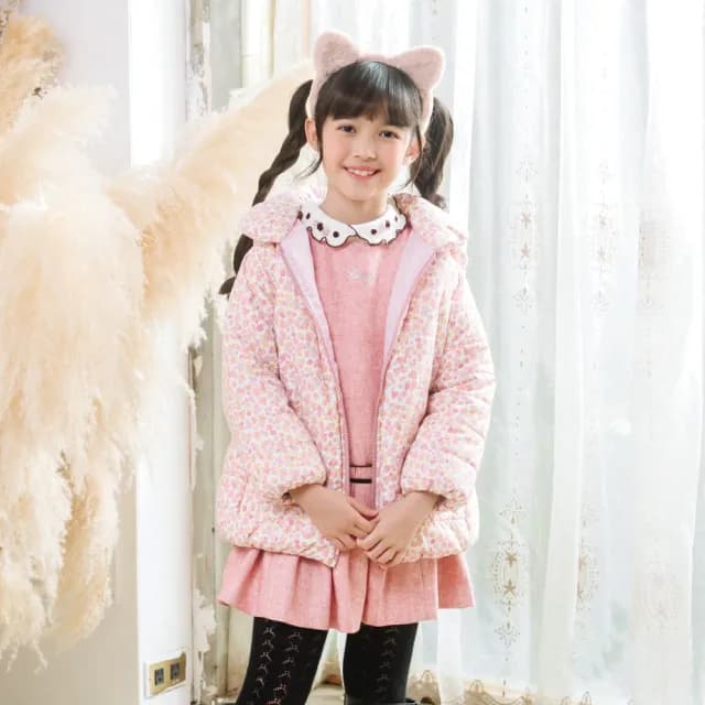 【ANNY’S 安妮公主】童裝    柔色滿版印花秋冬款拉鍊連帽鋪棉外套(3680粉紅)