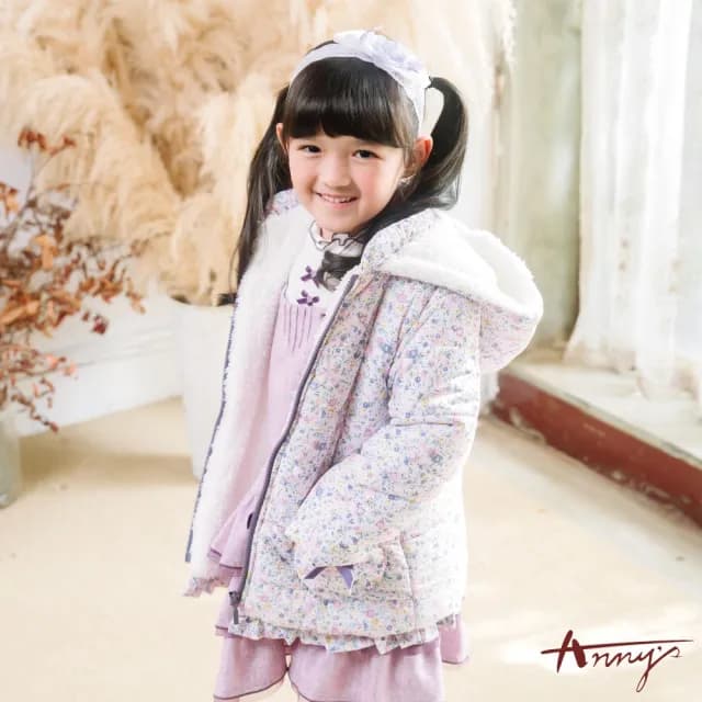 【ANNY’S 安妮公主】童裝 柔色滿版印花秋冬款內刷毛連帽鋪棉外套(3678紫色)