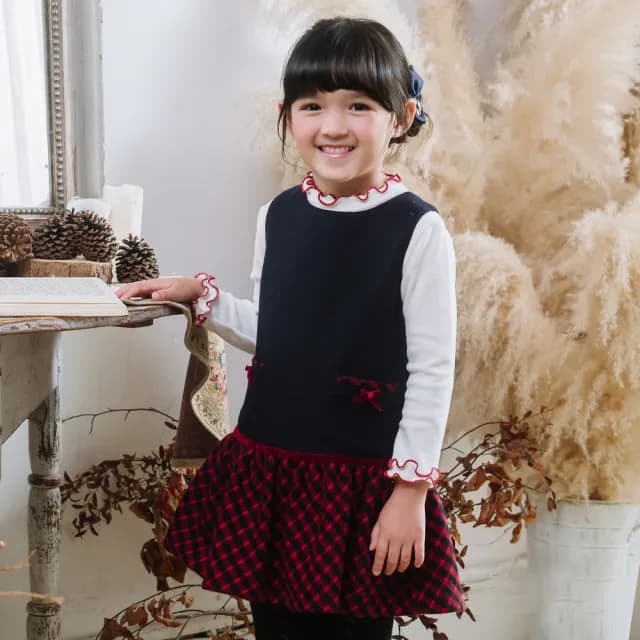 【ANNY’S 安妮公主】童裝  氣質格紋拼接雙口袋秋冬款混羊毛背心裙(3620藍色)