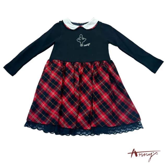 【ANNY’S 安妮公主】童裝 燙鑽芭蕾女孩拼接格紋裙秋冬款洋裝(3629藍色)