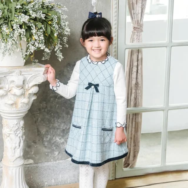 【ANNY’S 安妮公主】童裝  氣質格紋小香風秋冬款混羊毛口袋背心裙(3616水藍)