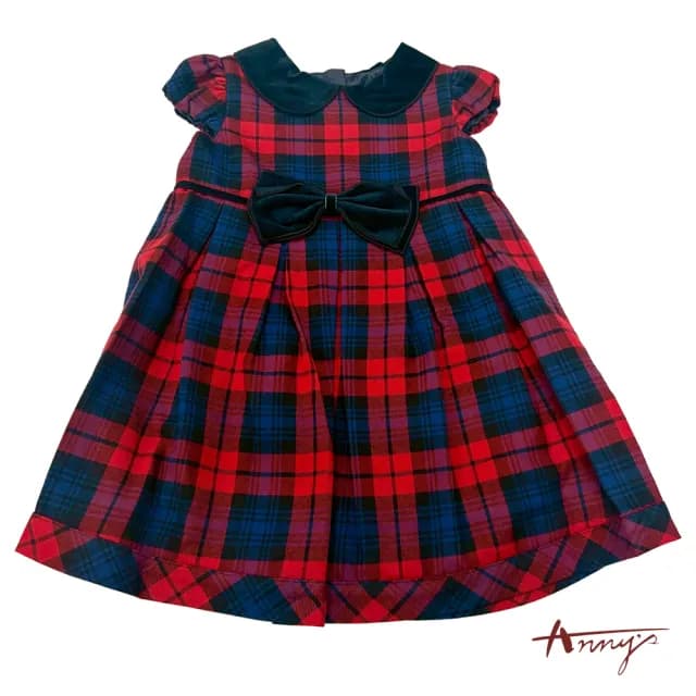 【ANNY’S 安妮公主】童裝  氣質歐式格紋小圓領蝴蝶結秋冬款公主袖洋裝(3258藍色)