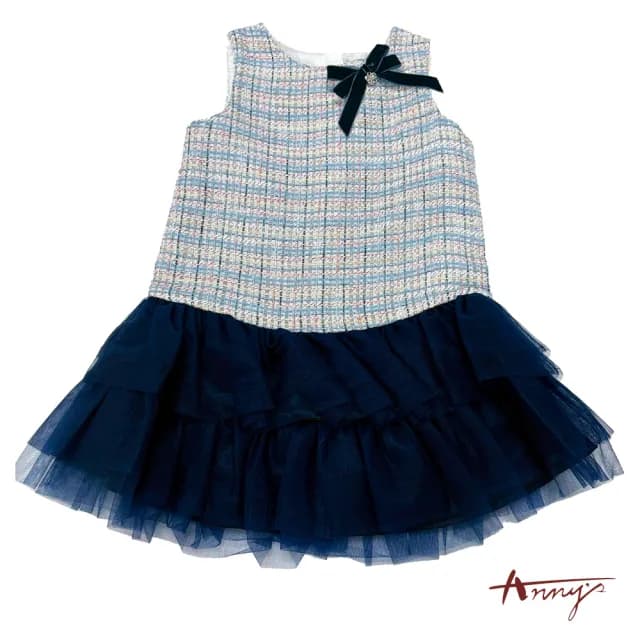 【ANNY’S 安妮公主】童裝  氣質格紋小香風網紗拼接蝴蝶結秋冬款無袖洋裝(3219水藍)