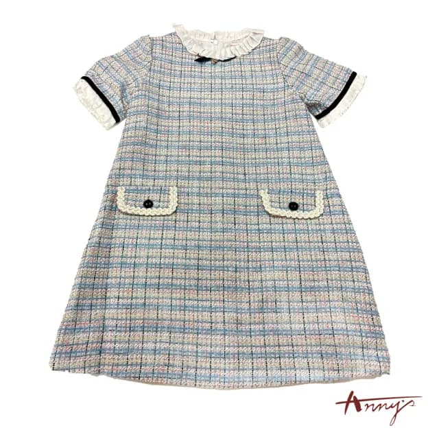 【ANNY’S 安妮公主】童裝  格紋小香風百褶造型拼接秋冬款假口袋短袖洋裝(3220水藍)