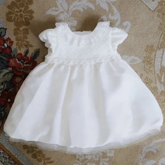 【ANNY’S 安妮公主】童裝 壓花裙襬拼接蕾絲領邊秋冬款公主袖BABY禮服(3212米白)