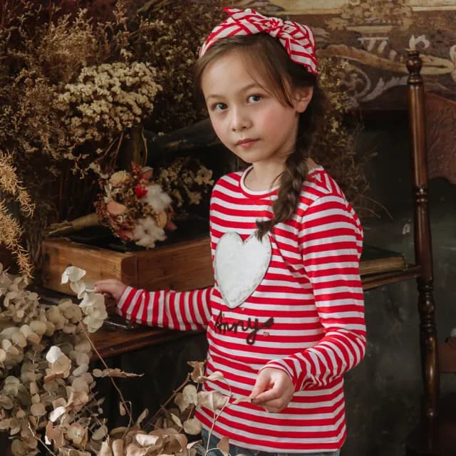 【ANNY’S 安妮公主】童裝   紅白條紋愛心LOGO秋冬款長袖上衣(3422紅色)