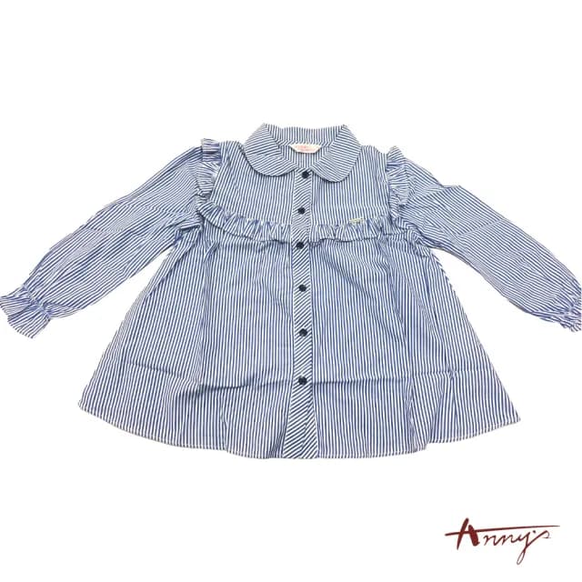 【ANNY’S 安妮公主】童裝  藍白條紋立體荷葉邊秋冬款純棉長袖襯衫(3279藍色)