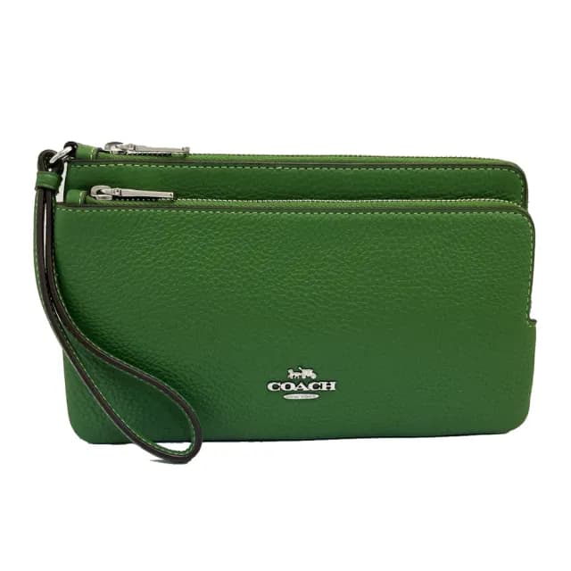 【COACH】素面牛皮長夾式雙層大手拿包/零錢包(綠)