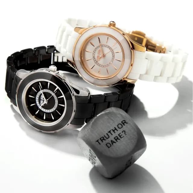 【Folli Follie】32毫米 清新質感 精鑲水晶珠光錶面 陶瓷錶帶腕錶 玫瑰金X白 FF694109