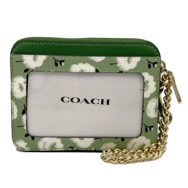 【COACH】花卉名片卡夾鏈帶零錢包(綠)