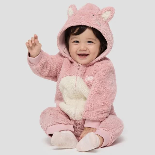 【GAP】嬰兒裝 Logo刺繡動物造型連帽長袖包屁衣/連身衣-粉色(805377)