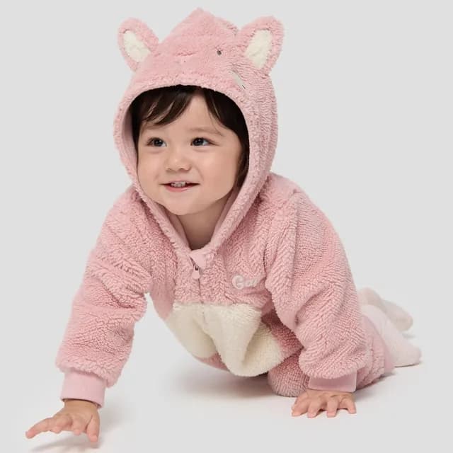 【GAP】嬰兒裝 Logo刺繡動物造型連帽長袖包屁衣/連身衣-粉色(805377)