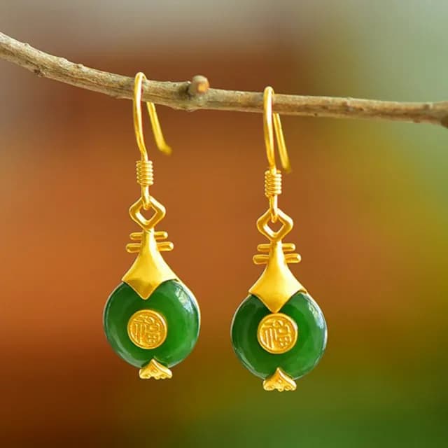 【MoonDy】碧玉耳飾 和田玉耳環 漢服配飾 福字耳墜 玉石飾品 純銀耳鈎 女生銀飾 琵琶耳環