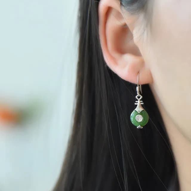 【MoonDy】碧玉耳飾 和田玉耳環 漢服配飾 福字耳墜 玉石飾品 純銀耳鈎 女生銀飾 琵琶耳環