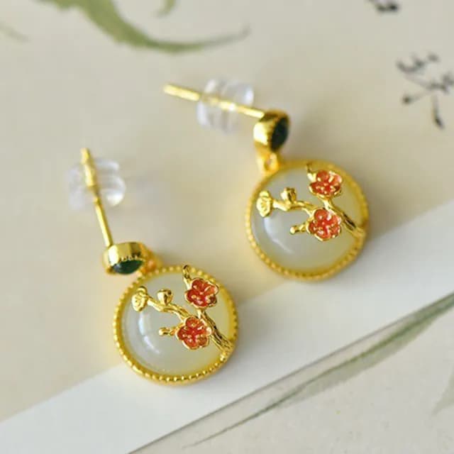 【MoonDy】雙11 梅花耳環 白玉飾品 耳釘耳環 純銀耳環 吊墜耳環 和田玉飾品 女生飾品 天然玉石 復古耳飾