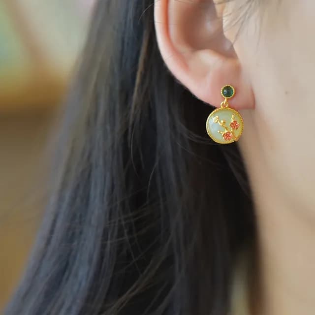 【MoonDy】雙11 梅花耳環 白玉飾品 耳釘耳環 純銀耳環 吊墜耳環 和田玉飾品 女生飾品 天然玉石 復古耳飾