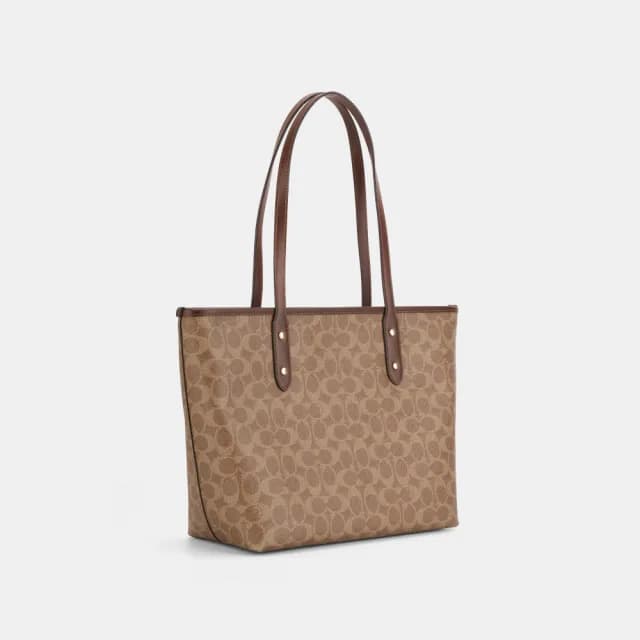 【COACH】蔻馳官方直營 CITY 經典 SIGNATURE 拉鍊托特手袋 托特包-IM/棕黃色/棕色(CCQ28)