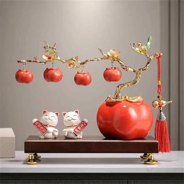 【超微米】招財貓擺飾 柿柿如意柿子擺件 客廳擺設 辦公室裝飾品 喬遷開業禮物 禮品(柿柿如意招財貓擺飾)