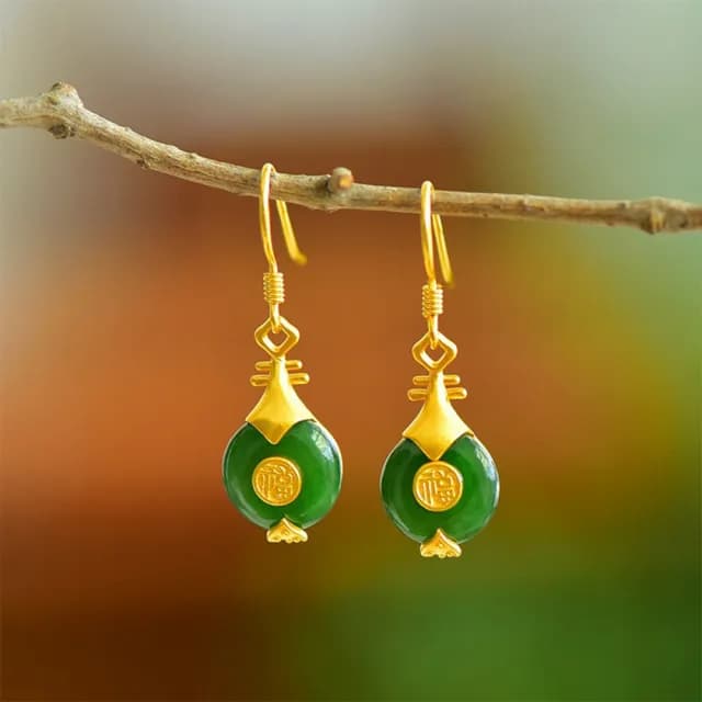 【KT DADA】雙11 天然玉石 和田碧玉 福字耳環 純銀耳飾 琵琶造型 長款耳墜 女生必備