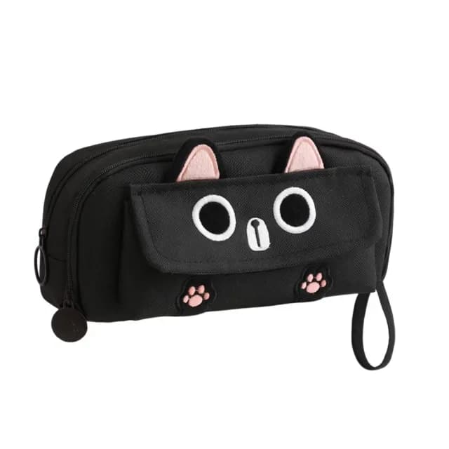 【送禮首選】日系可愛爪爪刺繡收納筆袋(立體 鉛筆盒 收納包 文具包 多隔層 學生 男女 黑色 動物 卡通)