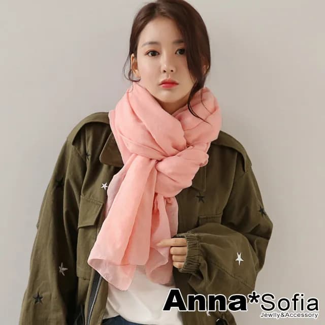 【AnnaSofia】超大寬版披肩圍巾-純色棉麻 現貨(嫣粉)