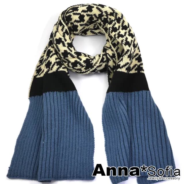 【AnnaSofia】毛線織大披肩圍巾-千鳥紋拼色直條織 現貨(藍黑系)