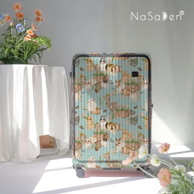 【NaSaDen 納莎登】25吋 萊茵系列 前開行李箱 英格藍貓聯名款 巴黎的優雅兔/綠兔(可擴充 上掀式行李箱)