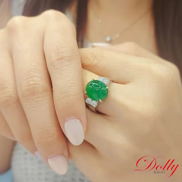 【DOLLY】14K金 緬甸冰種老坑綠A貨翡翠鑽石戒指(母親節 長輩送禮 交換禮物首選)