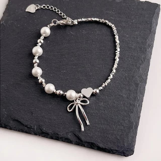 【UME.Acce】雙11 珍珠蝴蝶結愛心手鍊(珍珠手鍊 蝴蝶結手鍊 愛心手鍊 碎銀手鍊 浪漫飾品)