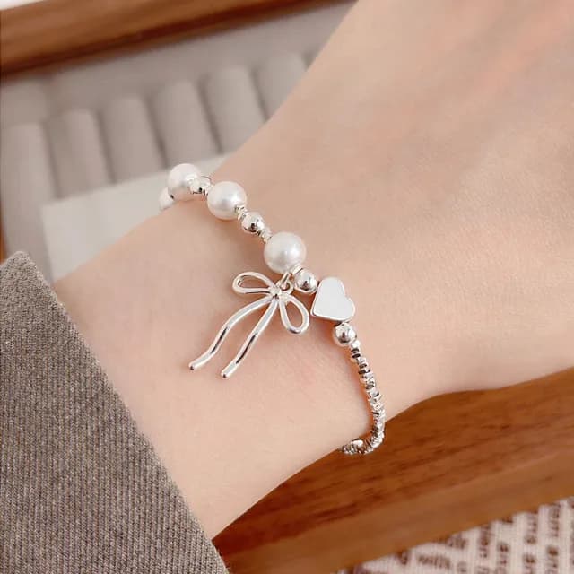 【UME.Acce】雙11 珍珠蝴蝶結愛心手鍊(珍珠手鍊 蝴蝶結手鍊 愛心手鍊 碎銀手鍊 浪漫飾品)