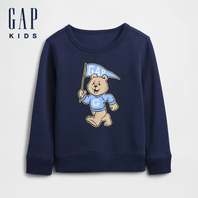 【GAP】男幼童裝 印花刷毛圓領大學T-海軍藍(822090)