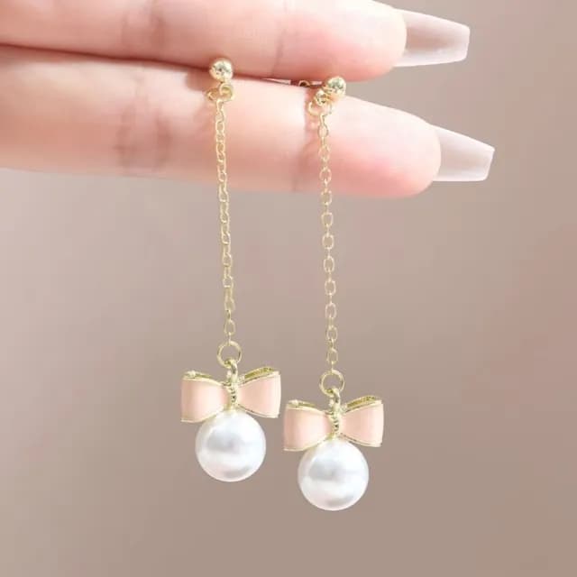 【夢幻渲染】粉紅蝴蝶結珍珠垂墜耳環1對(耳針 配飾 耳飾 輕奢 氣質 飾品)